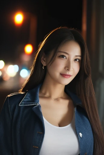 Portrait of a beautiful female model by Nathap., Georgia Fowler, Beautiful Face, Long burgundy hair, Cyberpunk city at dusk. White T-shirt、She is wearing a blue long coat。。., Jeans Negros, Dramatic lighting, (Police Badge:1.2)