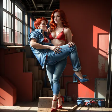 vibrant red hair, bikini top and bottoms in red, denim jeans, blue shirt, red high heels, standing indoors, large industrial set...