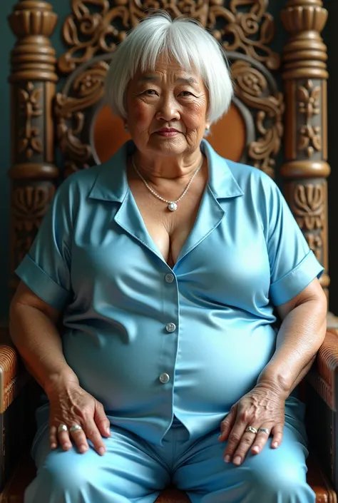 old 88yo asian woman is sitting on a Hawaiian thrown, looking straight forward,  she is wearing baby blue satin pajamas, short staight white hair with bangs, realistic design, realistic face with all the details, gigantic breasts, big butt, wide hips, fat ...