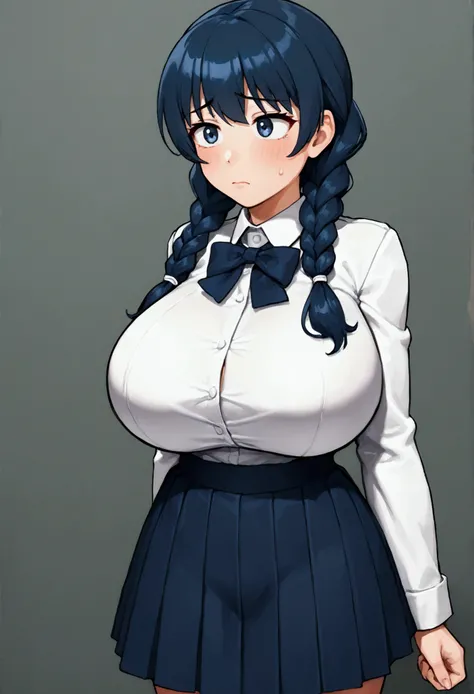 1 girl, Alone, Laura S. arseida (long dark blue hair, two braided pigtails, abundant and bangs, huge breasts), (Inspired by cold steel trails) With a school dress showing her panties, in a military school, ashamed