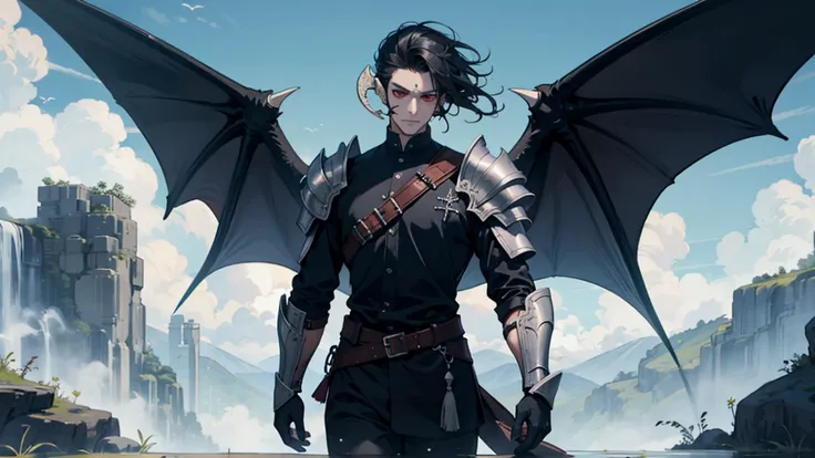 man, looking at camera tall, dragon man, black horns, black scales, slick back hair, black hair, dragon tail, black, wings, armo...