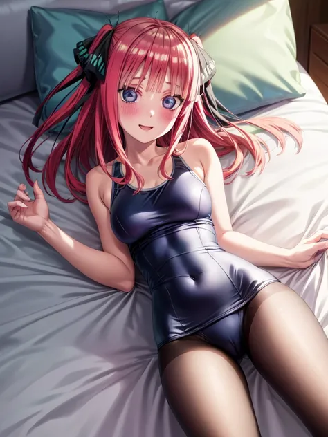 best quality, insanely detailed, blush, looking at viewer, cheerful eyes, arousal, one-piece swimsuit, pantyhose, lying down on the bed, nino nakano