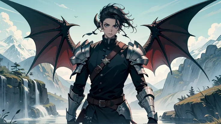 man, looking at camera tall, dragon man, black horns, black scales, slick back hair, black hair, dragon tail, black, wings, armo...