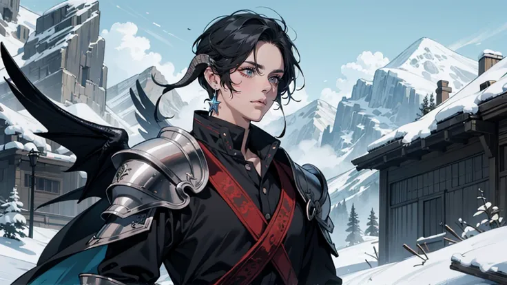 man, looking at camera tall, dragon man, black horns, black scales, slick back hair, black hair, dragon tail, black, wings, armor, red eyes au ra, sclaes, black, music, landscape, magic
