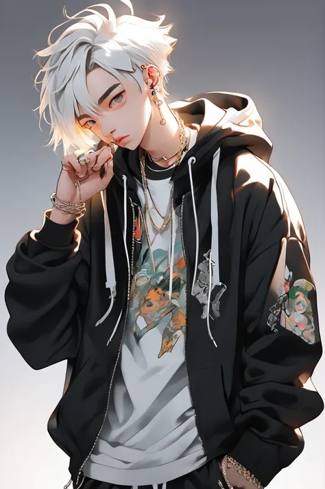 Plain background, Anime Portrait, 2D, Flat anime style, Studio Illustration, 
masterpiece, Highest quality, hoodie, Girls Shots, white hair, Standing pose, whole body, Silver or gold necklaces and thin rings, 
sneakers, Ahoge, , Beautiful and attractive an...