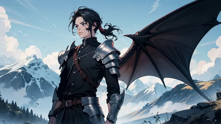 man, looking at camera tall, dragon man, black horns, black scales, slick back hair, black hair, dragon tail, black, wings, armo...