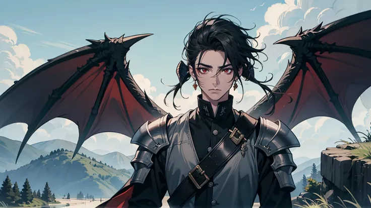 man, looking at camera tall, dragon man, black horns, black scales, slick back hair, black hair, dragon tail, black, wings, armo...