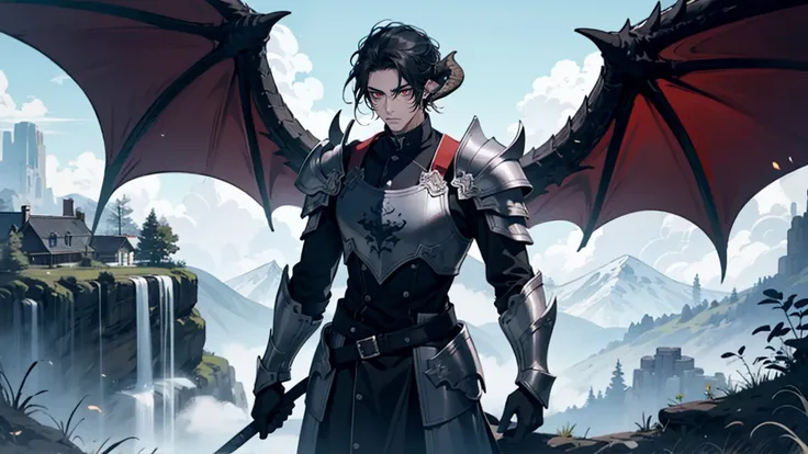 man, looking at camera tall, dragon man, black horns, black scales, slick back hair, black hair, dragon tail, black, wings, armo...