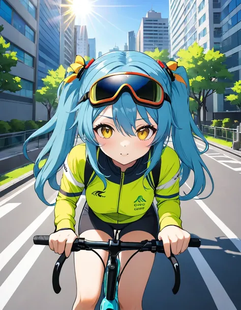 Light blue long hair、A beautiful twin-tailed Uber Eats delivery girl、He focuses on his delivery while looking straight at the camera.. Wearing yellow and black sporty cycling clothing with goggles, Holding an action camera while riding a green delivery bik...