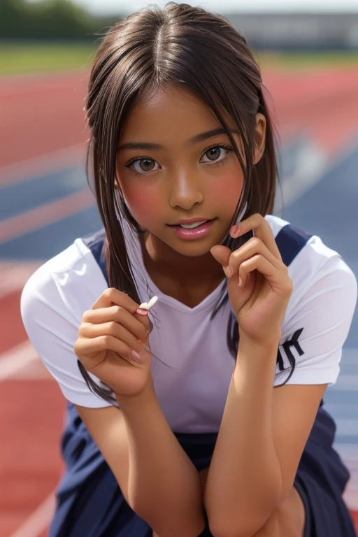 (((( one girl )))), Put your hand over your mouth、Beautiful breasts、 Brown eyes, ((Gal Hairstyles)) blonde, girl, (Eye and facial details:1.0), break, (masterpiece, Highest quality, Very detailed, Detailed face, 8k),( dark skin:1.8 ), (((( track and field ...