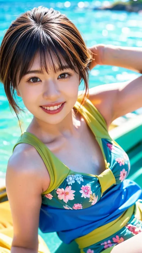 Ultra-detailed 8K photo of a Japanese idol with a playful pixie cut, enjoying the vibrant beaches of Rio de Janeiro. She’s wearing a bright, floral-patterned bandeau bikini, her pose is energetic and joyful as she plays beach volleyball, the Sugarloaf Moun...