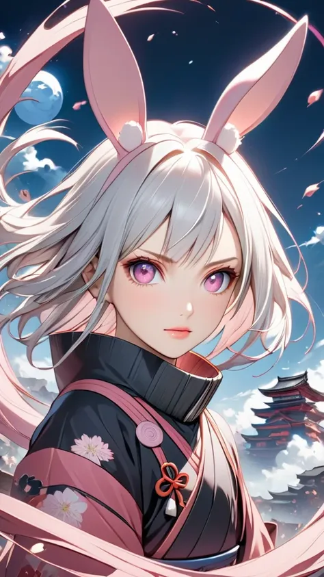 fantasy world, japanese style, naruto shippuden, she have a short silver hair,pink eyes,pink bunny ears , beautiful face,