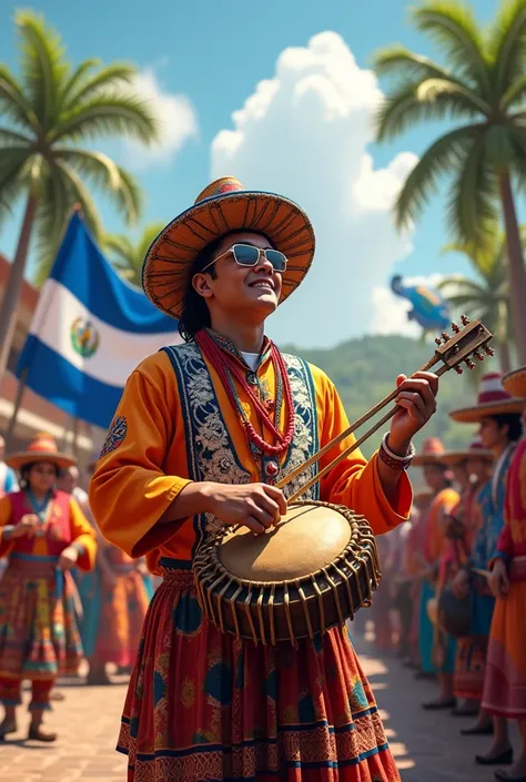 Image of national holidays in Nicaragua with elements of the culture,  marimba,  traditional costumes,  Hats , flag of Nicaragua,  and let Edwin say 