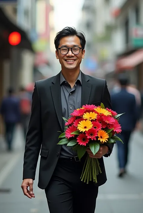 Very high quality photo, a handsome man wearing glasses from Indonesia with thin black hair, wearing a black suit, carrying a bouquet of flowers with very contrasting, walking on the sidewalk around Jakarta, with a happy smiling expression, the effect is V...