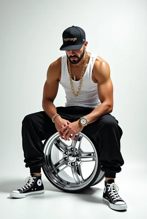 A turkish men sit on a chrome wheels,white studio,white tank top,black baggy,converse shoes,gold chains,rolex,snapback,angarage text on cap,anime,manga,sit on chrome wheels,manga,manga