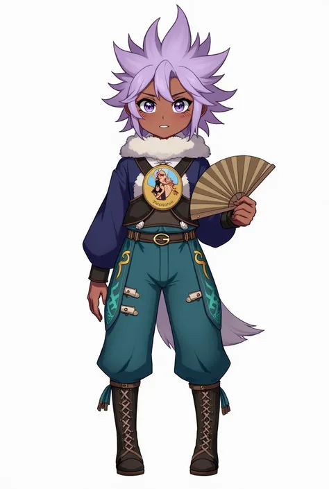 genshin impact character, female, Height: 35" Hair: spiked lavender  Eyes: violet with normal pupils  Skin Tone: chocolate  Other Details: several scars  Outfit: Indigo top with fur neck wrap, and a waistcoat. Teal pants decorated with teal-green and tied ...