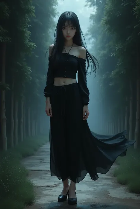 1 Japanese woman,Age 16,long black hair,Black long sleeve off shoulder top,Ancient Thai style long black pants,black high heels,condition,,behind,Path of Darkness,Cool anime