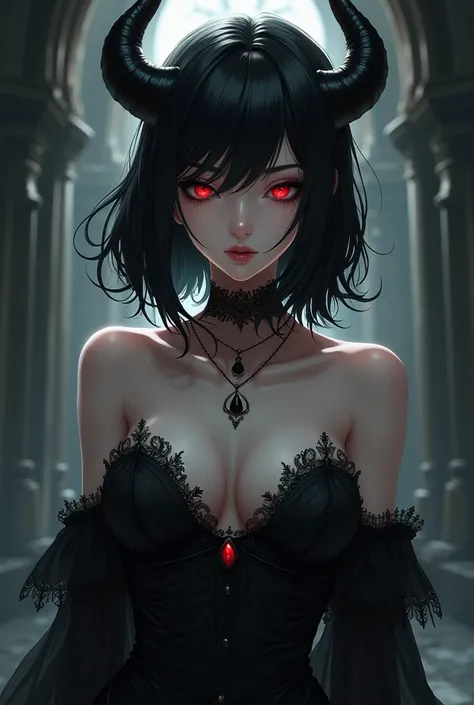 female character, gothic, dressed in black, red eyes, two horns, black clothing, anime art 