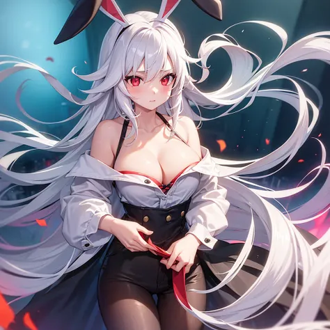 One girl, Bunny ears, Long Hair, White Hair,Hide your ears, Red eyes, anime, shirt,Cleavage,No bra,Denim shorts