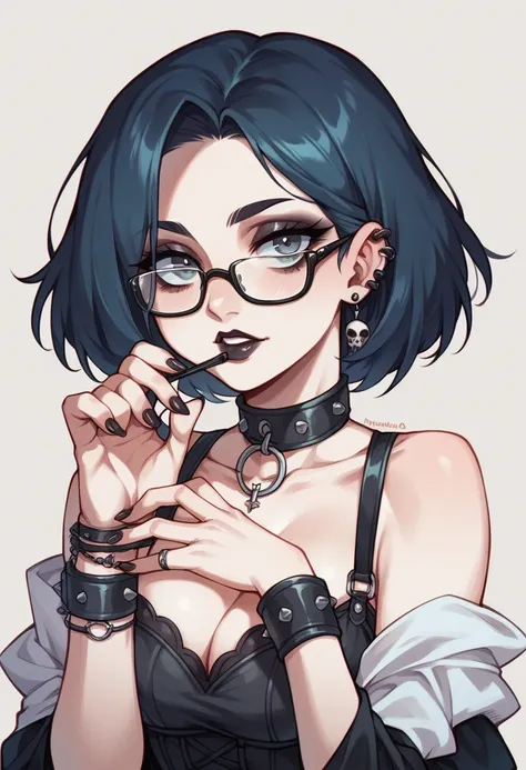 a gothic girl, sexy look, glasses, agarrando glasses