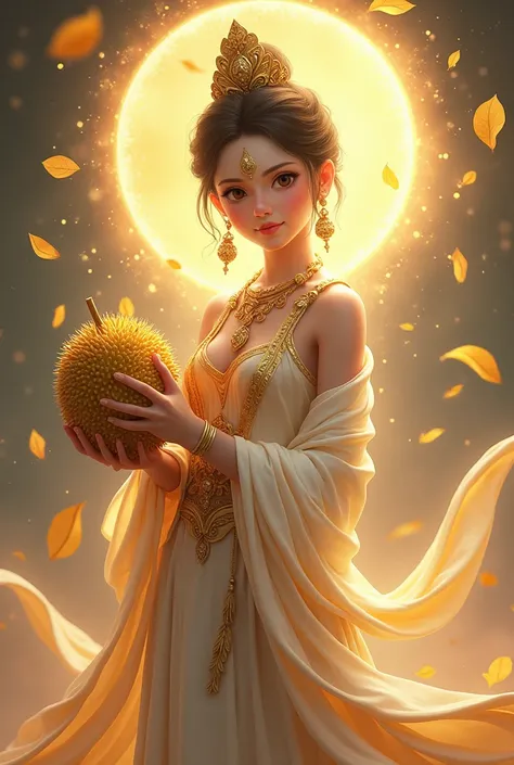 The image appears to be a highly stylized and artistic rendition of the mythical god Avalokitesvara. The characters have a youthful and ethereal appearance，Calm expression. They are beautifully decorated with gold ornaments., Earrings included, bracelet, a...