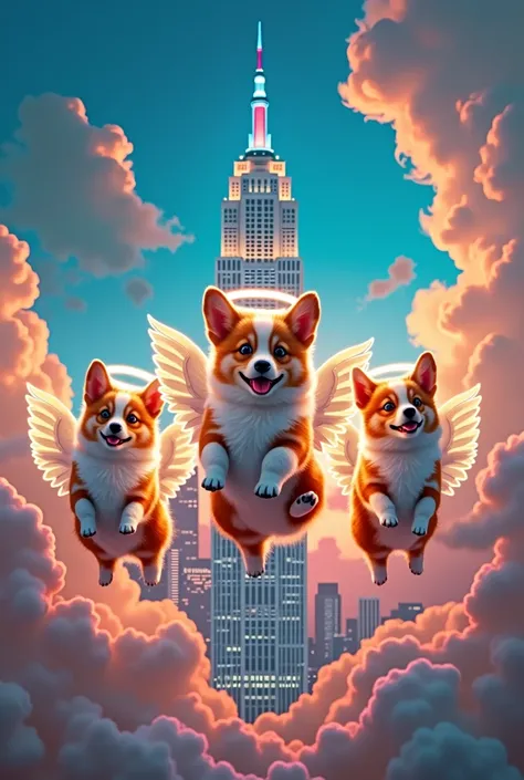 Cute angel smile corgi dog group skyscraper flying fluorescent, american style propaganda poster, movie, 