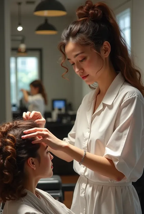 Hairdresser doing perm 