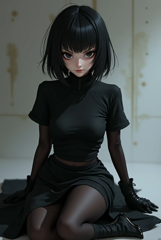 A female emo anime character black skirt black shirt short sleeves black tights black boots big black hair black eyes white skin posing for photo