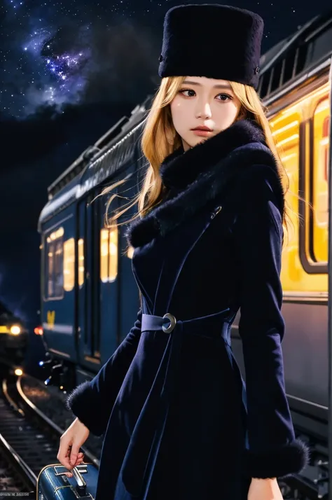 highest quality, Super quality,, RAW Photos, Realistic, Incredibly absurd, Very detailed, delicate, Flashy and dynamic depiction, Galaxy Express 999, Material, Long Hair, Blonde Hair, Fur trim, Black Hat, Fur has, dress, Dynamic Angle、Beautiful and cool wo...