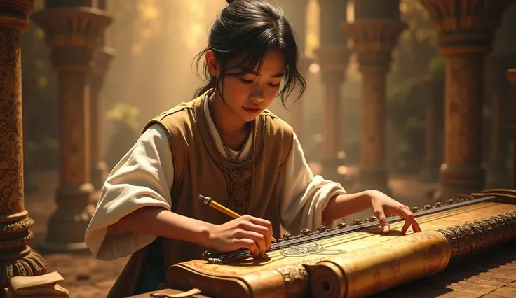 "A young person confidently playing an ancient musical instrument, surrounded by scrolls and manuscripts from different historical periods. The background should be a blend of various historical settings, with a warm, enlightening glow. The mood is awe-ins...