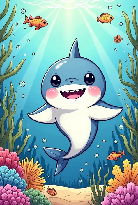 Create a coloring page of a cute shark at the bottom of the ocean