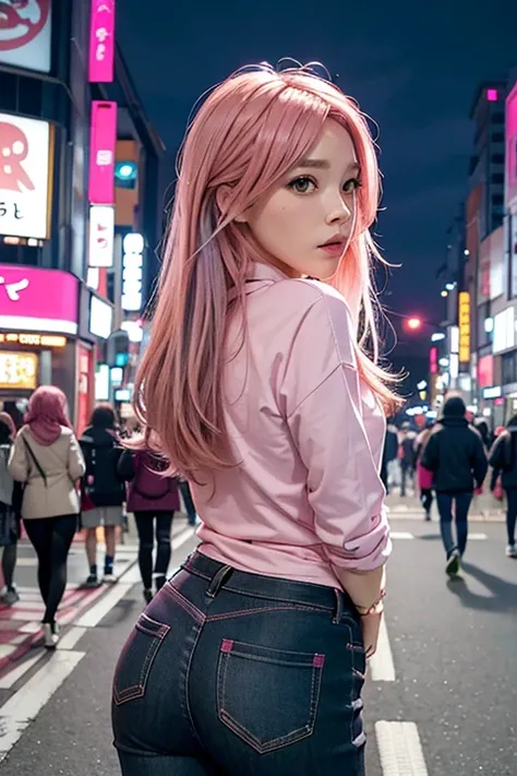 (stick out butt:1.3),(Pink Hair :1.3), One girl, Tokyo Street,night, Cityscape,City lights, Upper Body,close, 8k, RAW Photos, Highest quality, masterpiece,Realistic, photo-Realistic,