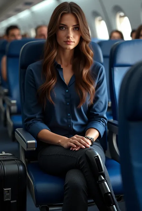 (photorealism:1.2), A beautiful woman sitting in the blue airplane seat; She has an exoskeleton to keep her right leg straight; She is not looking at the camera; She is wearing a black glove on her hands. Her name is Diana; Diana is wearing a dark blue shi...