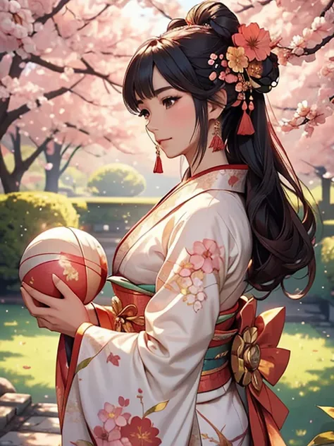 A graceful maiko stands in a serene garden, dressed in a vibrant, elaborately patterned kimono with long, flowing sleeves. The rich colors of her kimono—reds, pinks, and golds—are accentuated by delicate floral motifs, and the wide obi tied at her back is ...