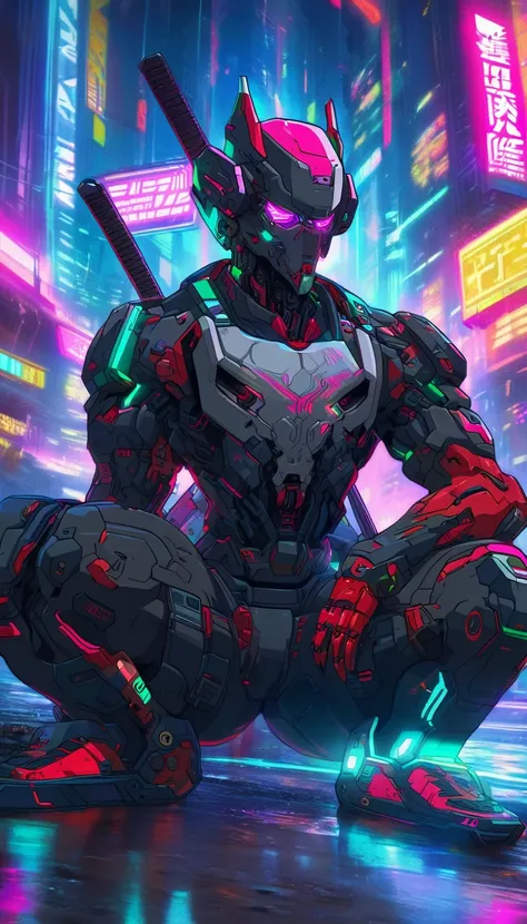 a red and black demon sitting on the ground with two swords in front of him, very beautiful cyberpunk samurai, cyberpunk samurai, anime cyberpunk art, anime cyberpunk, cyberpunk anime art, cyborg samurai, digital cyberpunk anime art, portrait of a cyberpun...