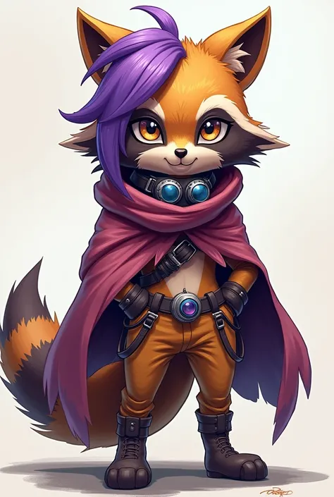 Female furry with golden raccoon face and tail, purple hair and purple eyes. Goggles around neck. Wears shawl. Has a lot of belts.