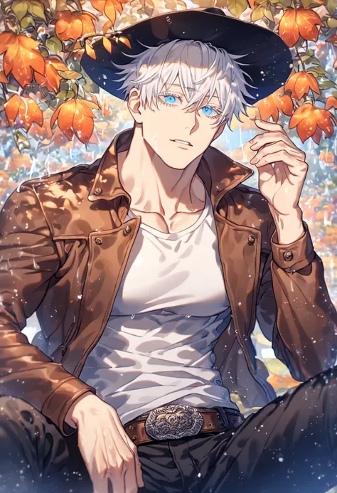 absurdres, highres, ultra detailed, HDR, master piece, Gojou Satoru, white hair with bangs, expressive blue eyes, white eyelashes, white shirt, leather brown jacket, Stetson black hat, black pants, cowboy, leather belt, toned chest, Jujutsu Kaisen, sexy ma...