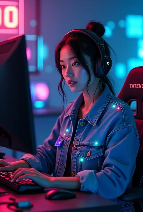 Woman Pc Gamer Led Lights Streamer Cyberpunk Jeans Jacket