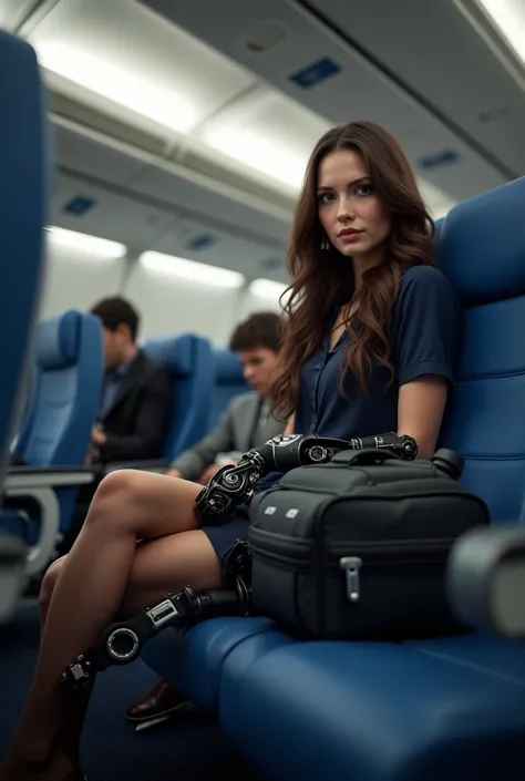 (photorealism:1.2), A beautiful woman sitting in the blue airplane seat; She is wearing a glove on her right hand. She has an exoskeleton to keep her right leg straight; She is not looking at the camera; She is wearing a black glove on her hands. Her name ...