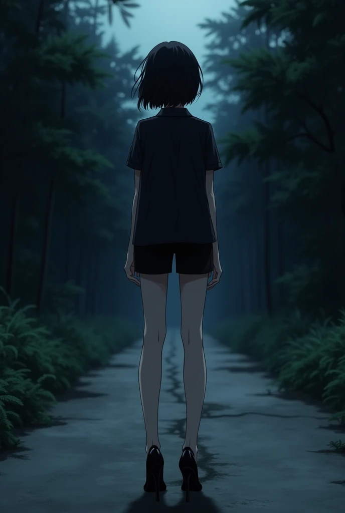 1 Japanese woman,Age 16,black short hair,Black closed shirt,black shorts,black high heels,behind,Path of Darkness,Cool anime