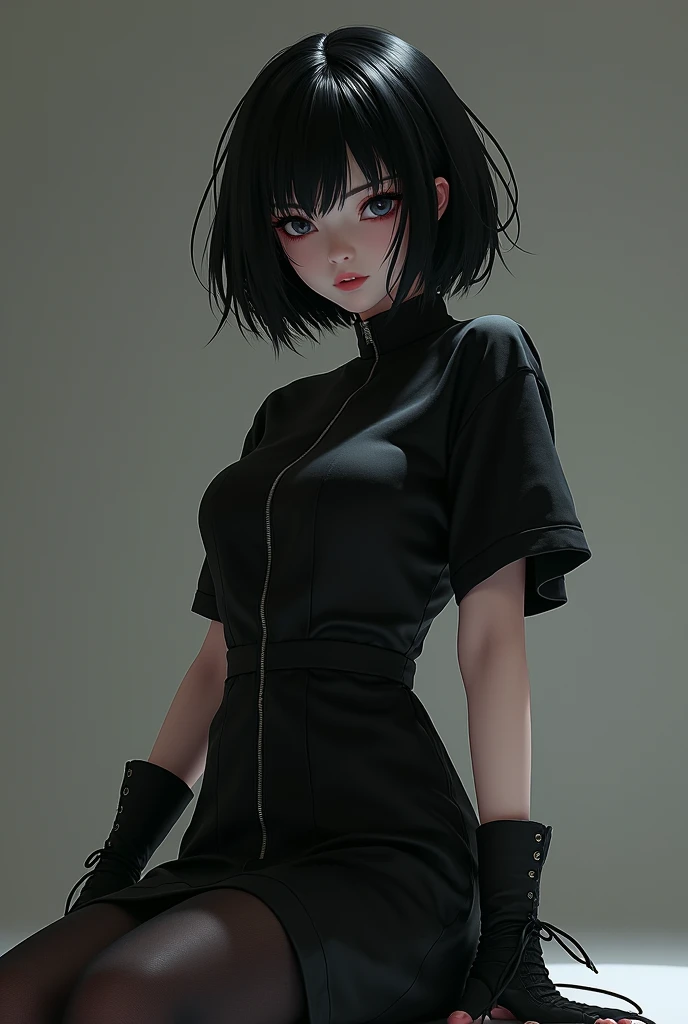 A female emo anime character black skirt black shirt short sleeves black tights black boots big black hair black eyes white skin posing for photo