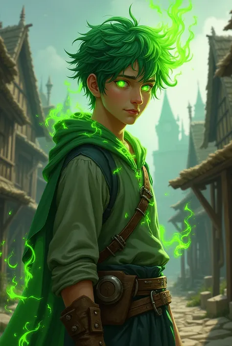 Draw me a mostly human male commoner teenager with elemental green fire powers that show in his hair and eyes, he lives in a d&d fantasy world