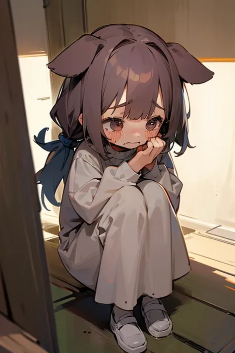 Very small girl under, abandoned alone and shy with dog ears, cute kawaii tender crying