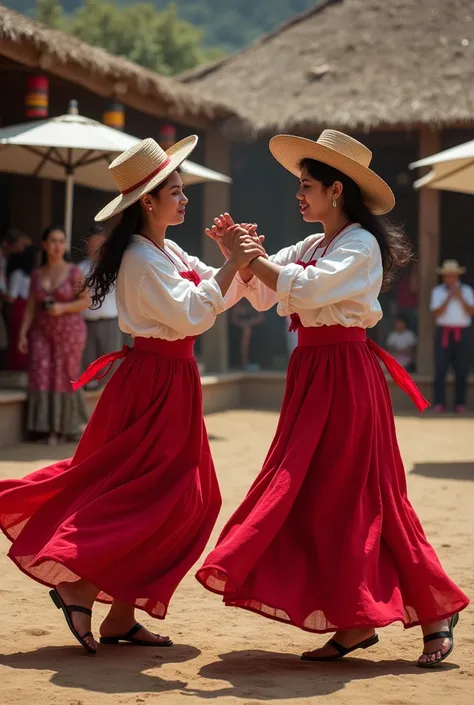 Two women dressed as Chilean huasa fighting in the ramada during the national holidays of September 18 in Chile 