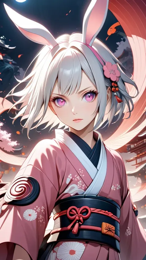 fantasy world, japanese style, naruto shippuden, she have a short silver hair,pink eyes,pink bunny ears , beautiful face, cowboy...