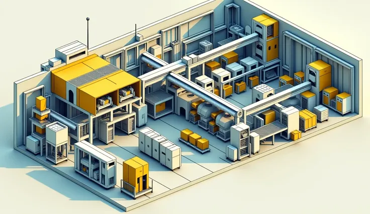 Cutaway view of a modern factory in the style of a technical architectural illustration with inkjet printers. The illustration includes shades of yellow, blue, grey, blue, cream and green. Ultra detail, high quality, use all format