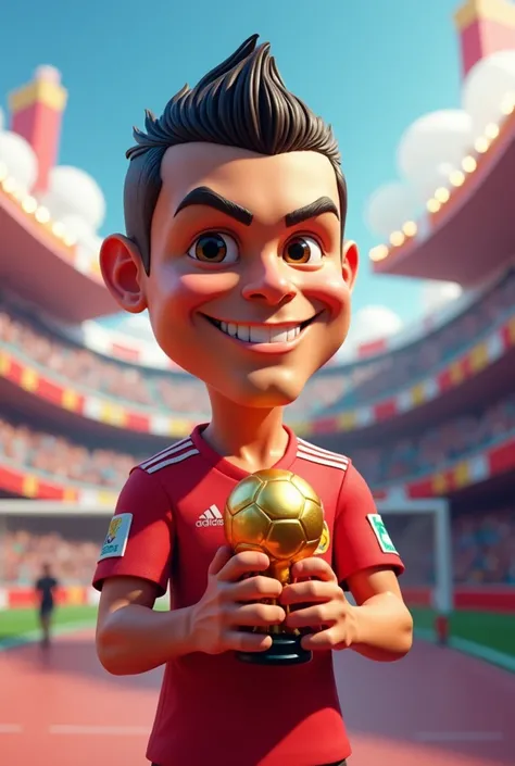 style 3D cartoon Ronaldo soccer game On the platform and in his hands is a statue of a golden thope
The face is very similar