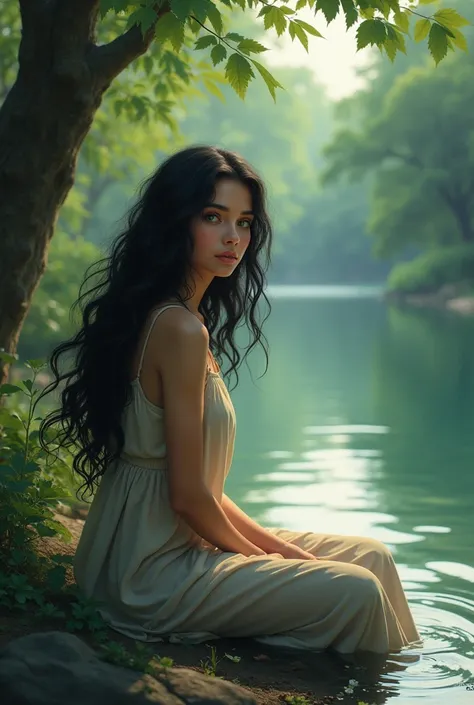 A woman with long curly black hair and greenish-brown eyes is sitting by a river