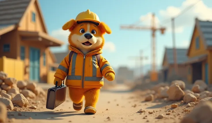 Yellow-haired dog wearing construction clothes and a hat，With tool box，Dragging tired feet towards the construction site。