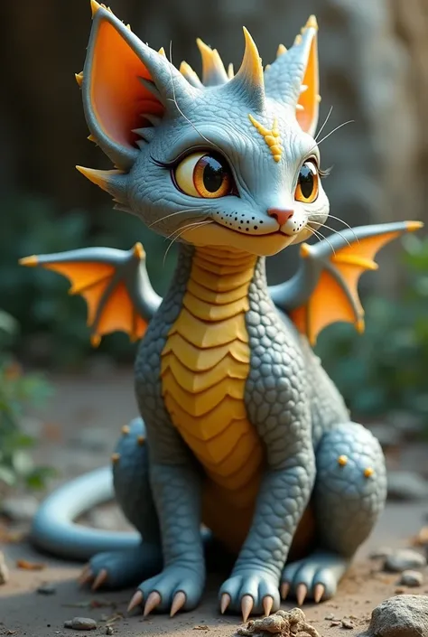 Hybrid cat with humanoid wingless dragon , with a grayish coat color and almost golden yellow details (belly and ears) and large honey-colored eyes With spines that go from the nape of the neck to the tip of the tail and sharp claws 